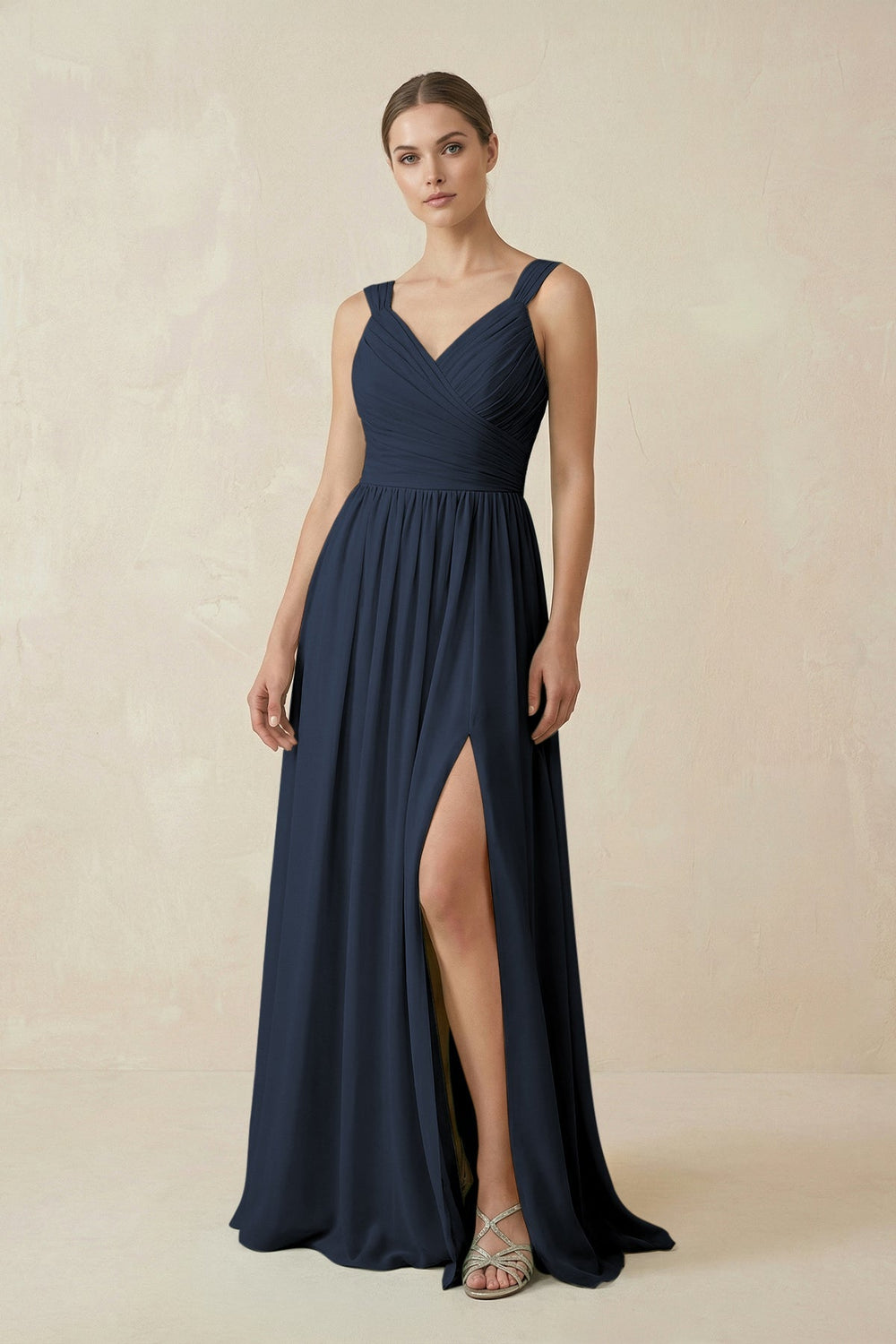 A - Line Pleated Chiffon Long Bridesmaid Dress in Dark Navy - SHE IS ME Bridesmaid Dresses