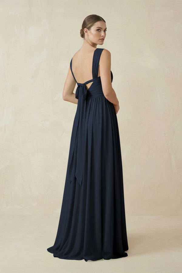 A - Line Pleated Chiffon Long Bridesmaid Dress in Dark Navy - SHE IS ME Bridesmaid Dresses