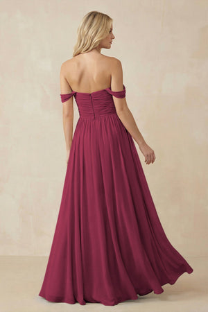 A - Line Pleated Chiffon Long Bridesmaid Dress in Desert Rose - SHE IS ME Bridesmaid Dresses
