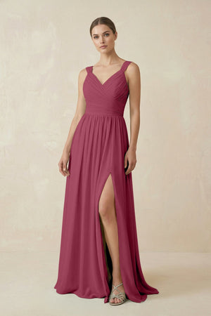 A - Line Pleated Chiffon Long Bridesmaid Dress in Desert Rose - SHE IS ME Bridesmaid Dresses