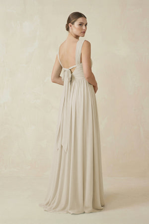 A - Line Pleated Chiffon Long Bridesmaid Dress in Dove Gray - SHE IS ME Bridesmaid Dresses