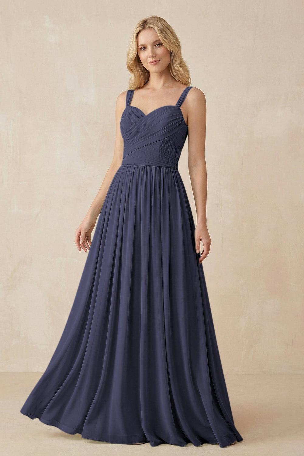 A - Line Pleated Chiffon Long Bridesmaid Dress in Dusk Blue - SHE IS ME Bridesmaid Dresses