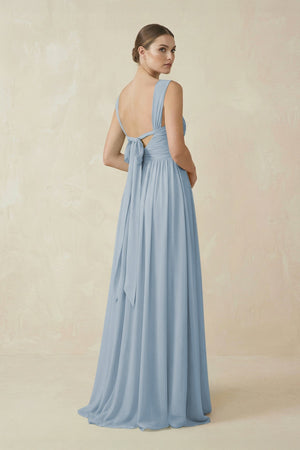 A - Line Pleated Chiffon Long Bridesmaid Dress in Dusty Blue - SHE IS ME Bridesmaid Dresses