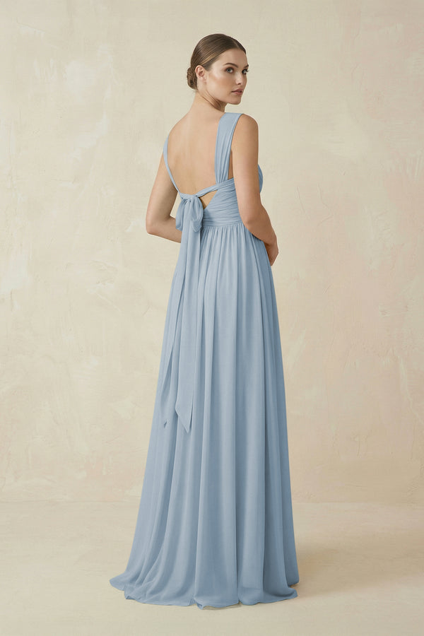 A - Line Pleated Chiffon Long Bridesmaid Dress in Dusty Blue - SHE IS ME Bridesmaid Dresses
