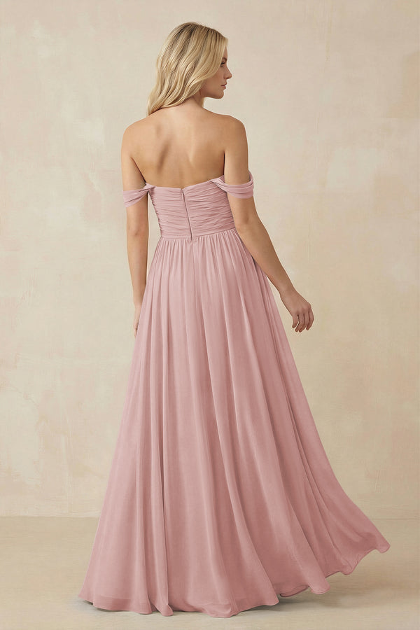 A - Line Pleated Chiffon Long Bridesmaid Dress in Dusty Rose - SHE IS ME Bridesmaid Dresses