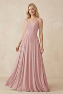 A - Line Pleated Chiffon Long Bridesmaid Dress in Dusty Rose - SHE IS ME Bridesmaid Dresses
