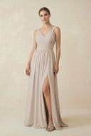 A - Line Pleated Chiffon Long Bridesmaid Dress in Frost - SHE IS ME Bridesmaid Dresses