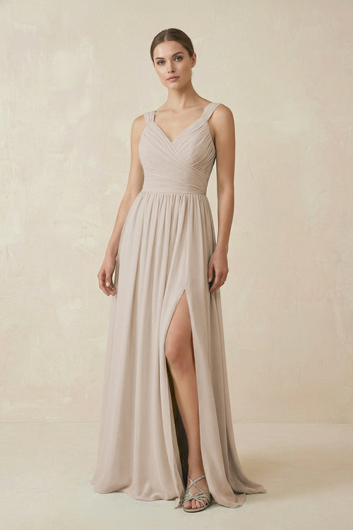 A - Line Pleated Chiffon Long Bridesmaid Dress in Frost - SHE IS ME Bridesmaid Dresses