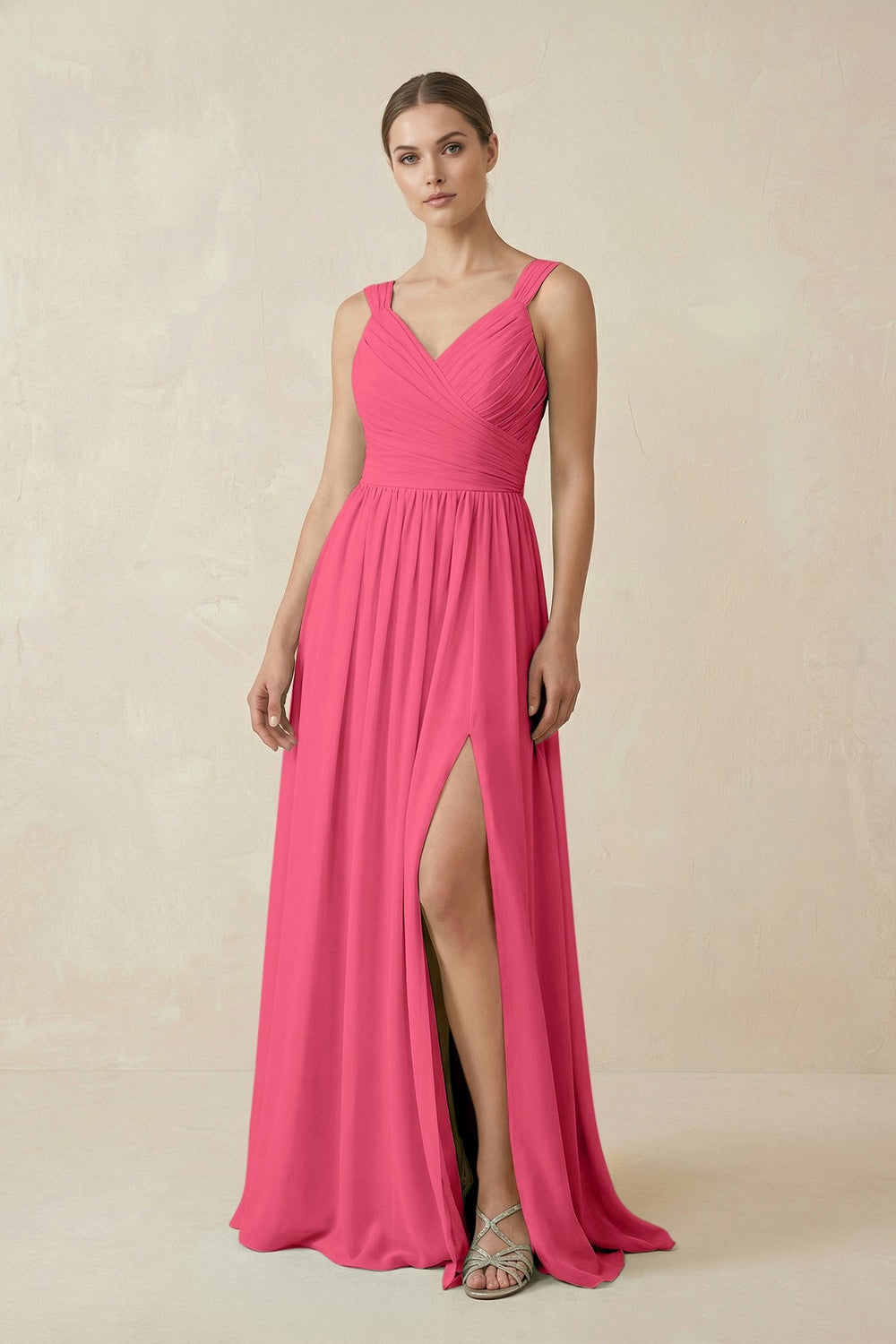 A - Line Pleated Chiffon Long Bridesmaid Dress in Fuchsia - SHE IS ME Bridesmaid Dresses