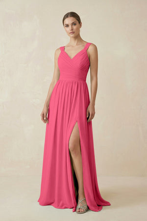 A - Line Pleated Chiffon Long Bridesmaid Dress in Fuchsia - SHE IS ME Bridesmaid Dresses