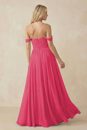 A - Line Pleated Chiffon Long Bridesmaid Dress in Fuchsia - SHE IS ME Bridesmaid Dresses