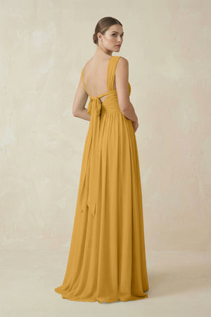 A - Line Pleated Chiffon Long Bridesmaid Dress in Marigold - SHE IS ME Bridesmaid Dresses