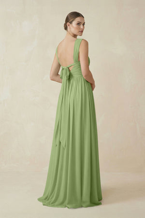 A - Line Pleated Chiffon Long Bridesmaid Dress in Matcha - SHE IS ME Bridesmaid Dresses