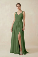 A - Line Pleated Chiffon Long Bridesmaid Dress in Moss - SHE IS ME Bridesmaid Dresses