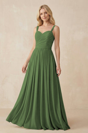 A - Line Pleated Chiffon Long Bridesmaid Dress in Moss - SHE IS ME Bridesmaid Dresses