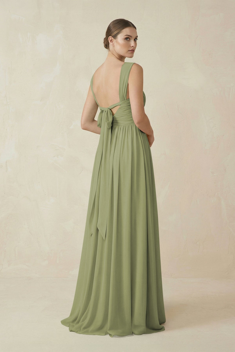 A - Line Pleated Chiffon Long Bridesmaid Dress in Moss Green - SHE IS ME Bridesmaid Dresses