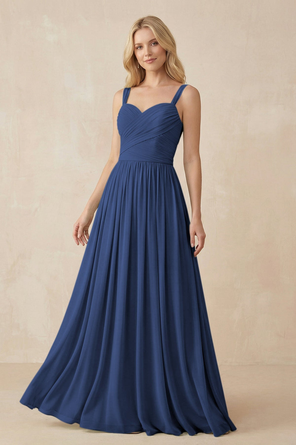 A - Line Pleated Chiffon Long Bridesmaid Dress in Navy - SHE IS ME Bridesmaid Dresses