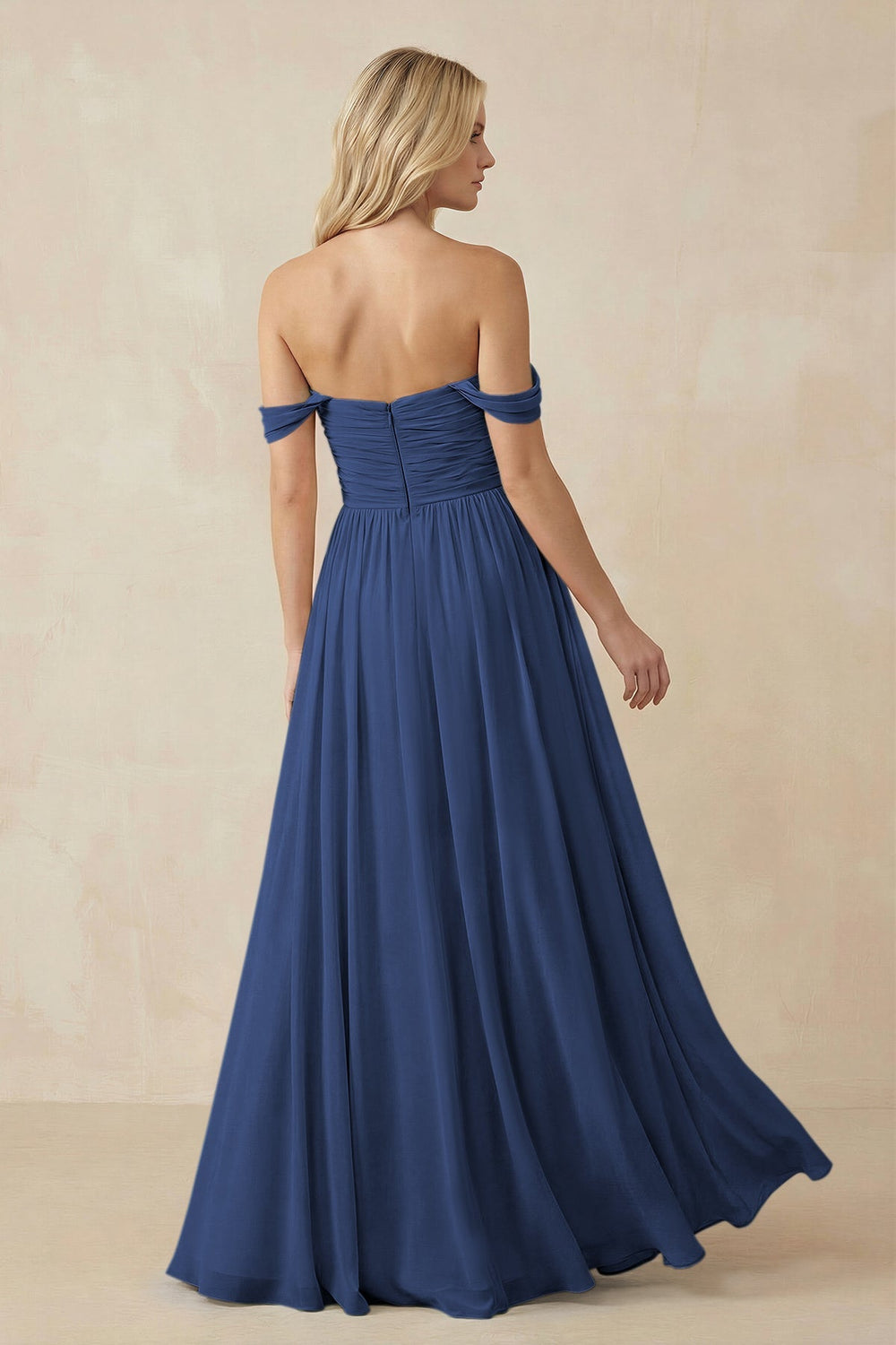 A - Line Pleated Chiffon Long Bridesmaid Dress in Navy - SHE IS ME Bridesmaid Dresses