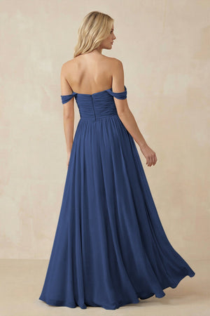 A - Line Pleated Chiffon Long Bridesmaid Dress in Navy - SHE IS ME Bridesmaid Dresses
