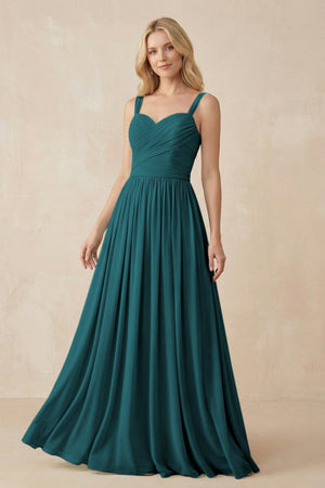 A - Line Pleated Chiffon Long Bridesmaid Dress in Pine - SHE IS ME Bridesmaid Dresses