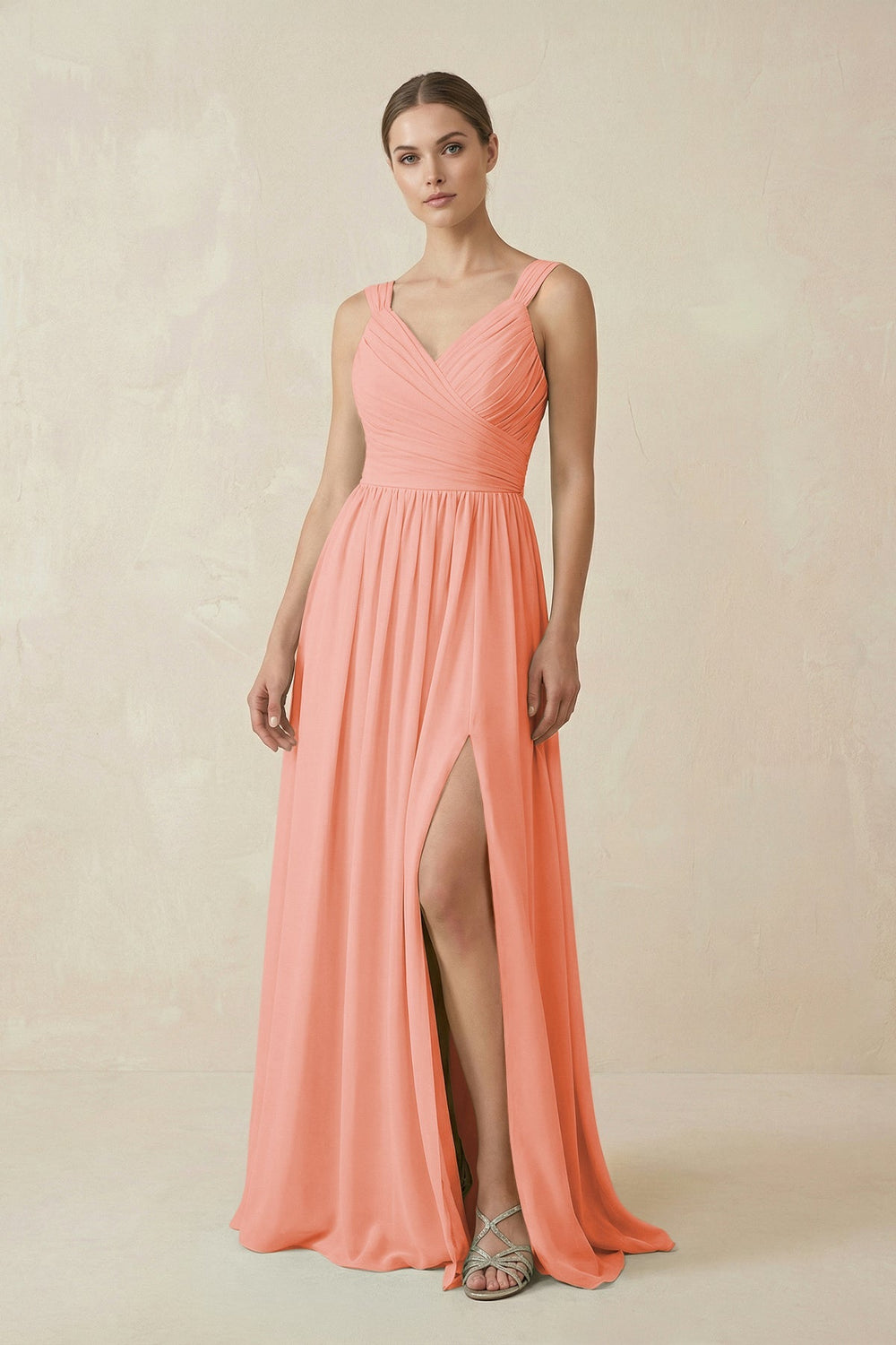 A - Line Pleated Chiffon Long Bridesmaid Dress in Rosette - SHE IS ME Bridesmaid Dresses