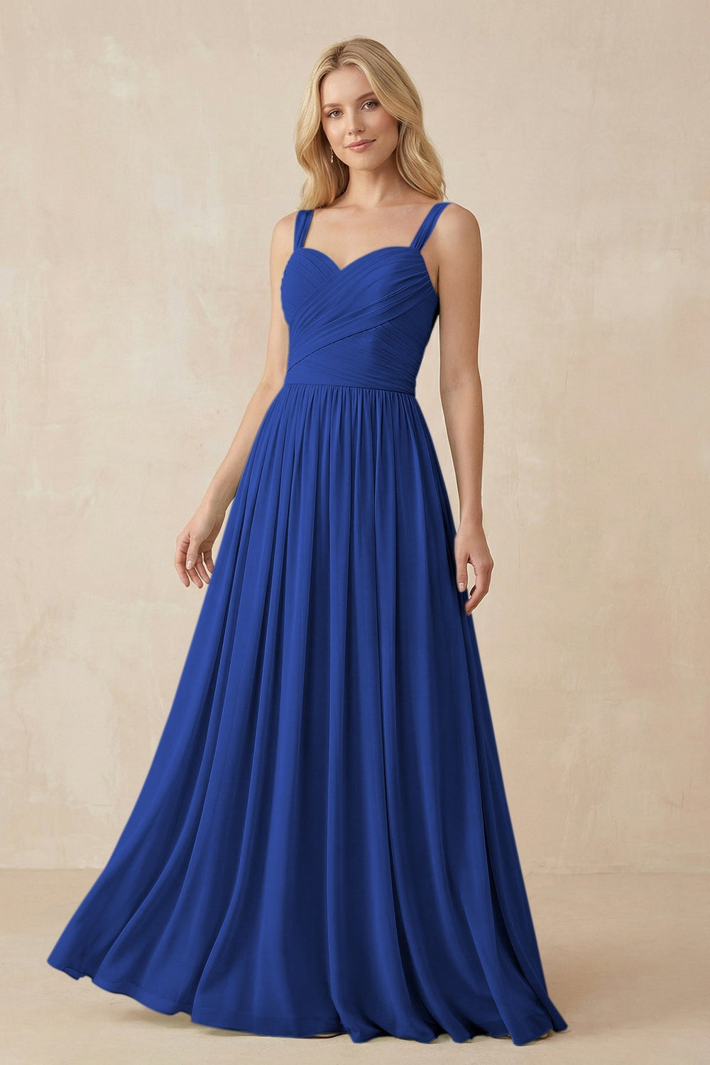 A - Line Pleated Chiffon Long Bridesmaid Dress in Royal Blue - SHE IS ME Bridesmaid Dresses