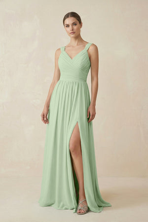A - Line Pleated Chiffon Long Bridesmaid Dress in Sage - SHE IS ME Bridesmaid Dresses