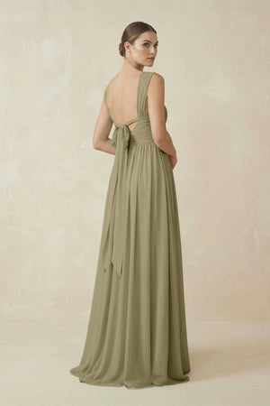 A - Line Pleated Chiffon Long Bridesmaid Dress in Thyme - SHE IS ME Bridesmaid Dresses
