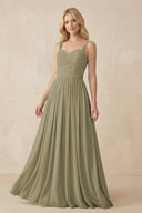 A - Line Pleated Chiffon Long Bridesmaid Dress in Thyme - SHE IS ME Bridesmaid Dresses