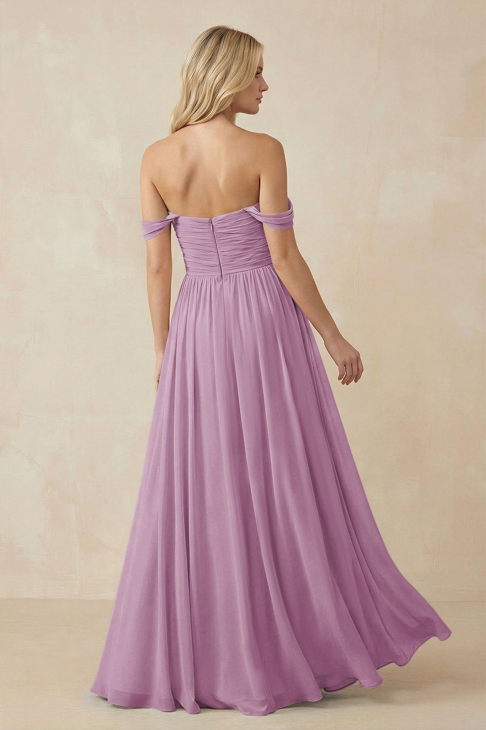 A - Line Pleated Chiffon Long Bridesmaid Dress in Wisteria - SHE IS ME Bridesmaid Dresses