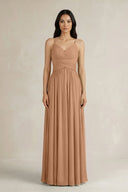 A - Line Pleated Spaghetti Strap Chiffon Bridesmaid Dress in Bronzer - SHE IS ME Bridesmaid Dresses