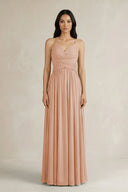 A - Line Pleated Spaghetti Strap Chiffon Bridesmaid Dress in Champagne Rose - SHE IS ME Bridesmaid Dresses