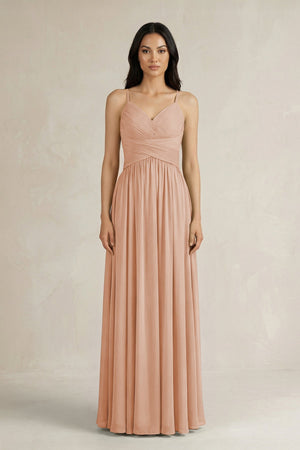A - Line Pleated Spaghetti Strap Chiffon Bridesmaid Dress in Champagne Rose - SHE IS ME Bridesmaid Dresses