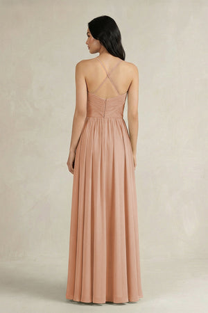 A - Line Pleated Spaghetti Strap Chiffon Bridesmaid Dress in Champagne Rose - SHE IS ME Bridesmaid Dresses