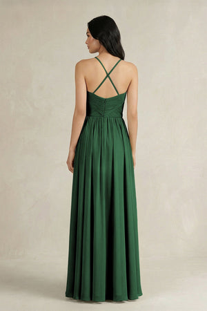 A - Line Pleated Spaghetti Strap Chiffon Bridesmaid Dress in Dark Green - SHE IS ME Bridesmaid Dresses