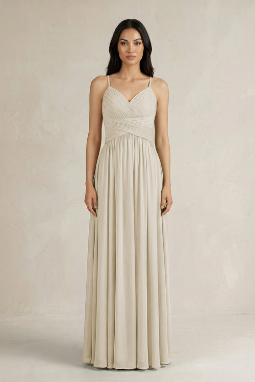 A - Line Pleated Spaghetti Strap Chiffon Bridesmaid Dress in Dove Gray - SHE IS ME Bridesmaid Dresses