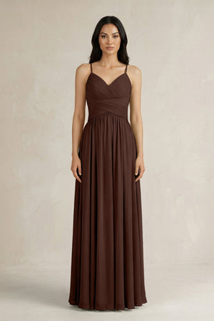 A - Line Pleated Spaghetti Strap Chiffon Bridesmaid Dress in Espresso - SHE IS ME Bridesmaid Dresses