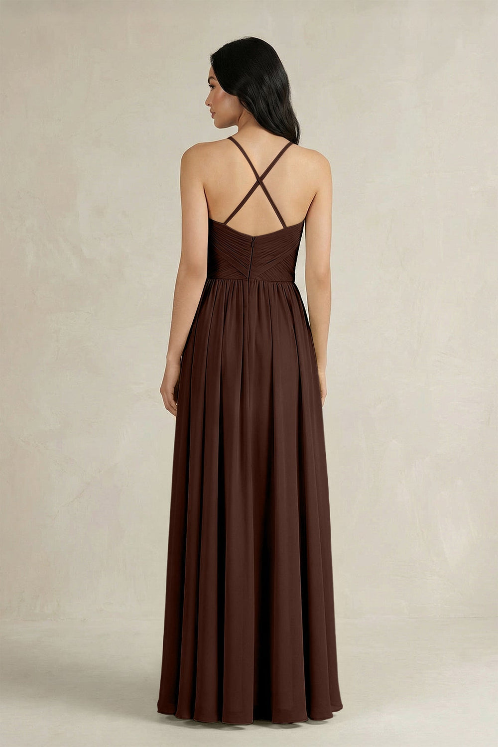 A - Line Pleated Spaghetti Strap Chiffon Bridesmaid Dress in Espresso - SHE IS ME Bridesmaid Dresses