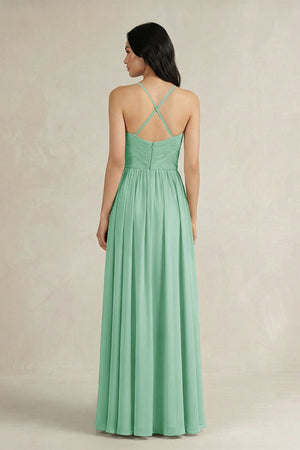 A - Line Pleated Spaghetti Strap Chiffon Bridesmaid Dress in Pale Pistachio - SHE IS ME Bridesmaid Dresses