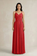 A - Line Pleated Spaghetti Strap Chiffon Bridesmaid Dress in Ruby Red - SHE IS ME Bridesmaid Dresses