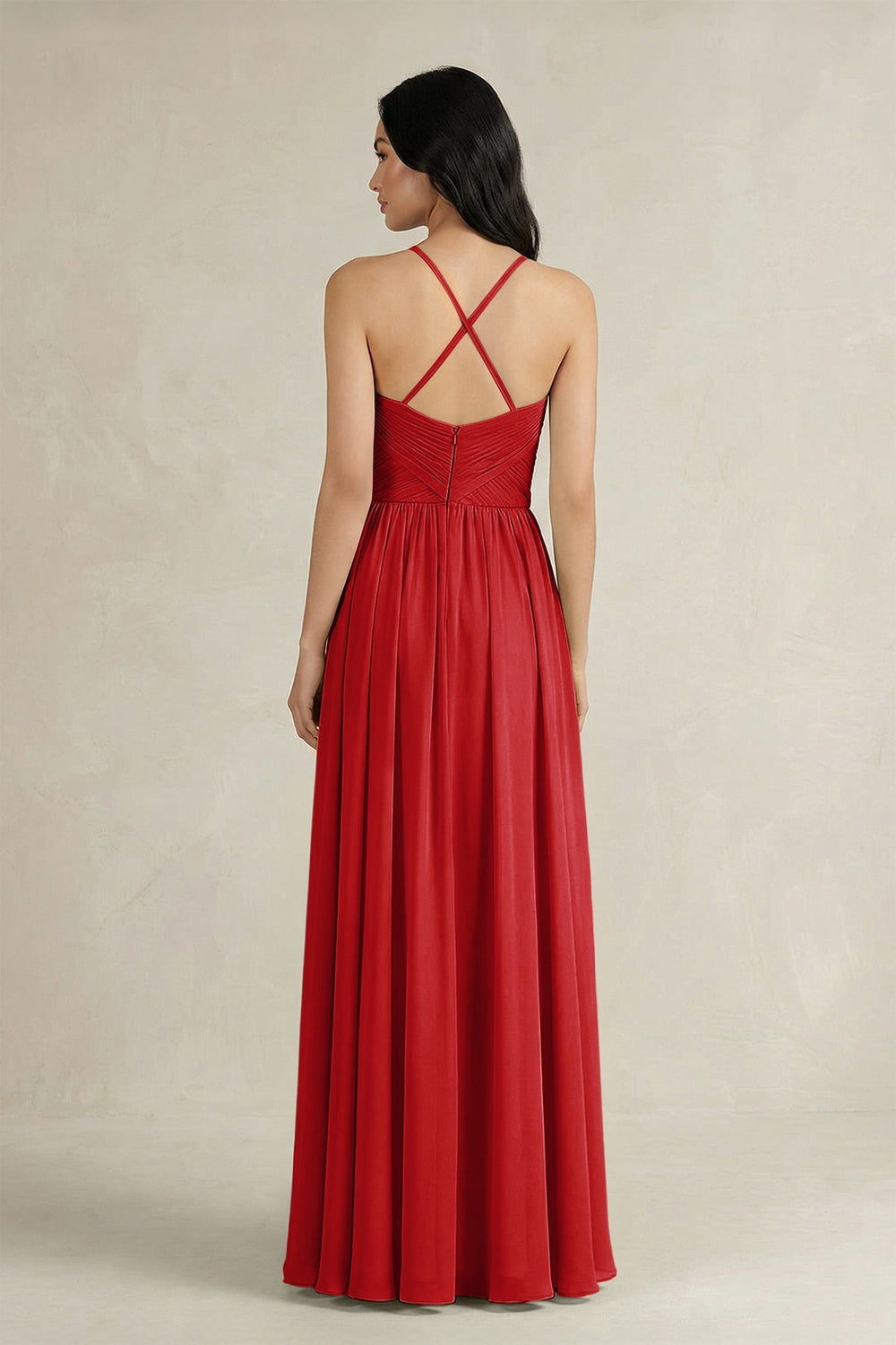A - Line Pleated Spaghetti Strap Chiffon Bridesmaid Dress in Ruby Red - SHE IS ME Bridesmaid Dresses