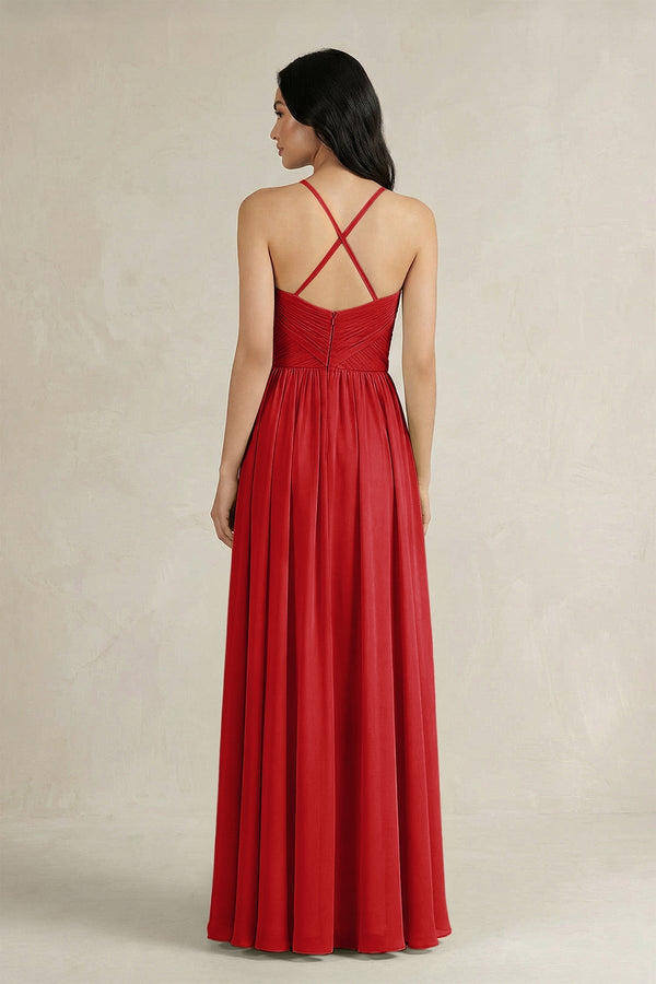 A - Line Pleated Spaghetti Strap Chiffon Bridesmaid Dress in Ruby Red - SHE IS ME Bridesmaid Dresses