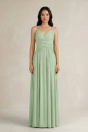 A - Line Pleated Spaghetti Strap Chiffon Bridesmaid Dress in Sage - SHE IS ME Bridesmaid Dresses
