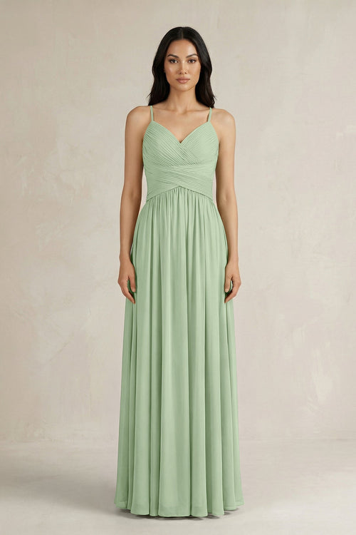 A - Line Pleated Spaghetti Strap Chiffon Bridesmaid Dress in Sage - SHE IS ME Bridesmaid Dresses