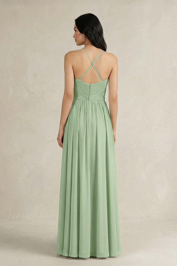 A - Line Pleated Spaghetti Strap Chiffon Bridesmaid Dress in Sage - SHE IS ME Bridesmaid Dresses