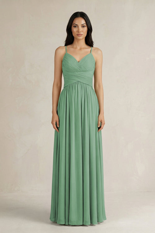 A - Line Pleated Spaghetti Strap Chiffon Bridesmaid Dress in Sea Glass - SHE IS ME Bridesmaid Dresses