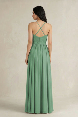A - Line Pleated Spaghetti Strap Chiffon Bridesmaid Dress in Sea Glass - SHE IS ME Bridesmaid Dresses