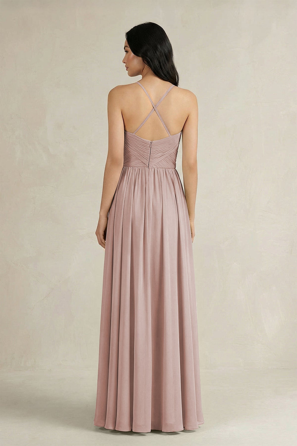 A - Line Pleated Spaghetti Strap Chiffon Bridesmaid Dress in Toffee - SHE IS ME Bridesmaid Dresses