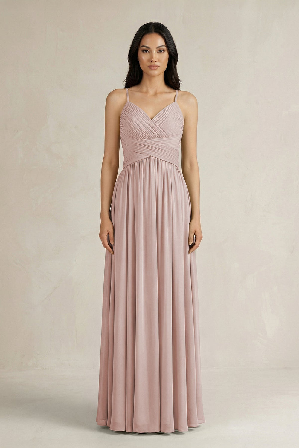 A - Line Pleated Spaghetti Strap Chiffon Bridesmaid Dress in Toffee - SHE IS ME Bridesmaid Dresses