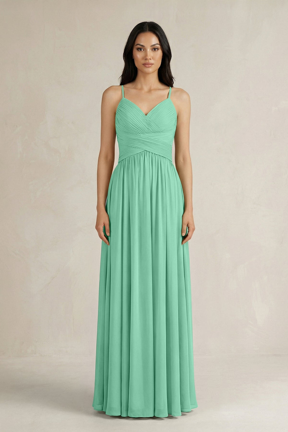 A - Line Pleated Spaghetti Strap Chiffon Bridesmaid Dress in Turquoise - SHE IS ME Bridesmaid Dresses